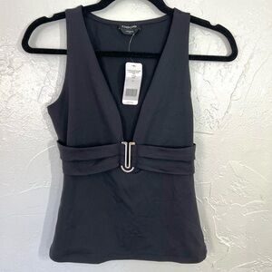 NWT BeBe V-Neck Gold U Ring Medallion Sleeveless Black Tank Top